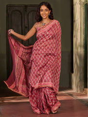 Dabu Vibes. Hand Block Printed Chanderi Saree - Gulabari