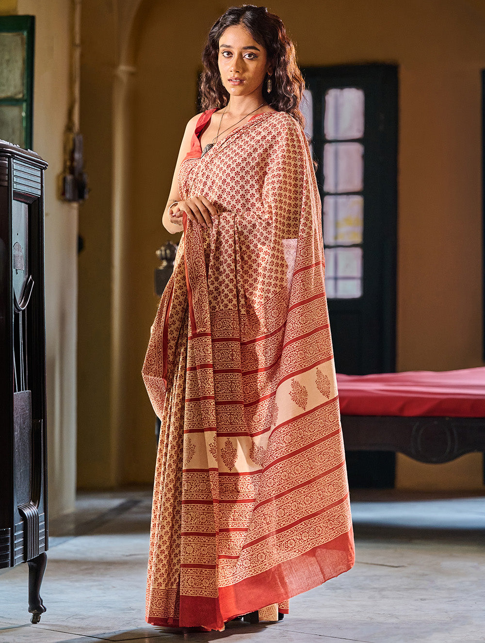 Bagru Statements: Hand Block Printed Mul Cotton Saree - Phool Patti