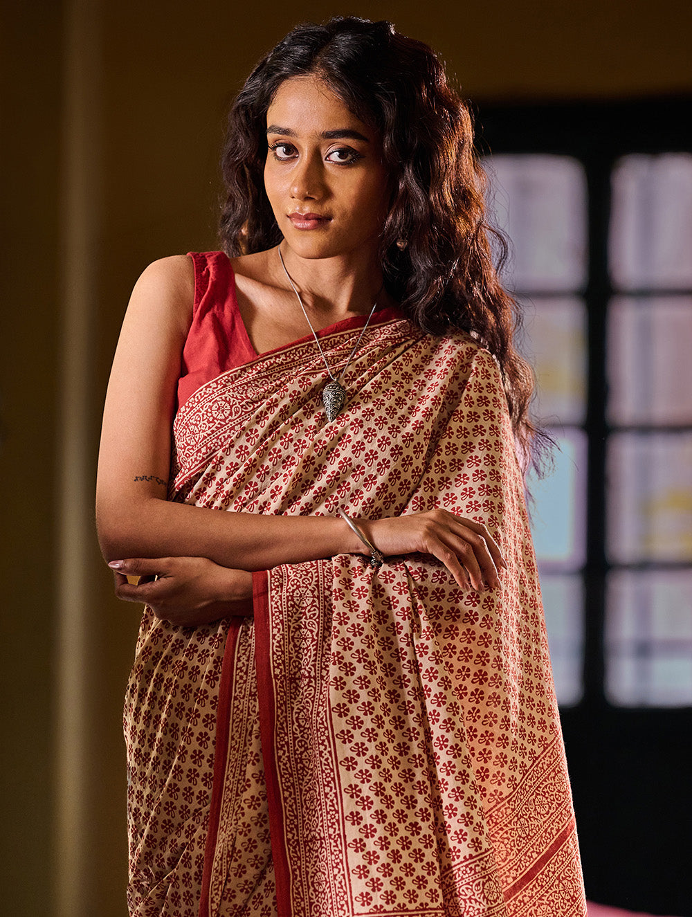Bagru Statements: Hand Block Printed Mul Cotton Saree - Phool Patti