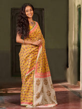 Sanganer Summers. Hand Block Printed Chanderi Saree - Marigold Lotus