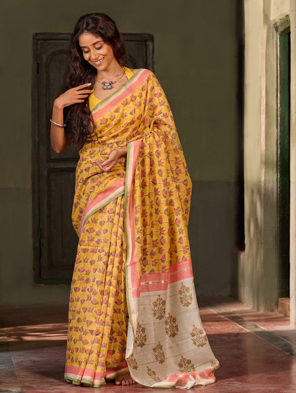 Sanganer Summers. Hand Block Printed Chanderi Saree - Marigold Lotus