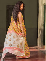 Sanganer Summers. Hand Block Printed Chanderi Saree - Marigold Lotus