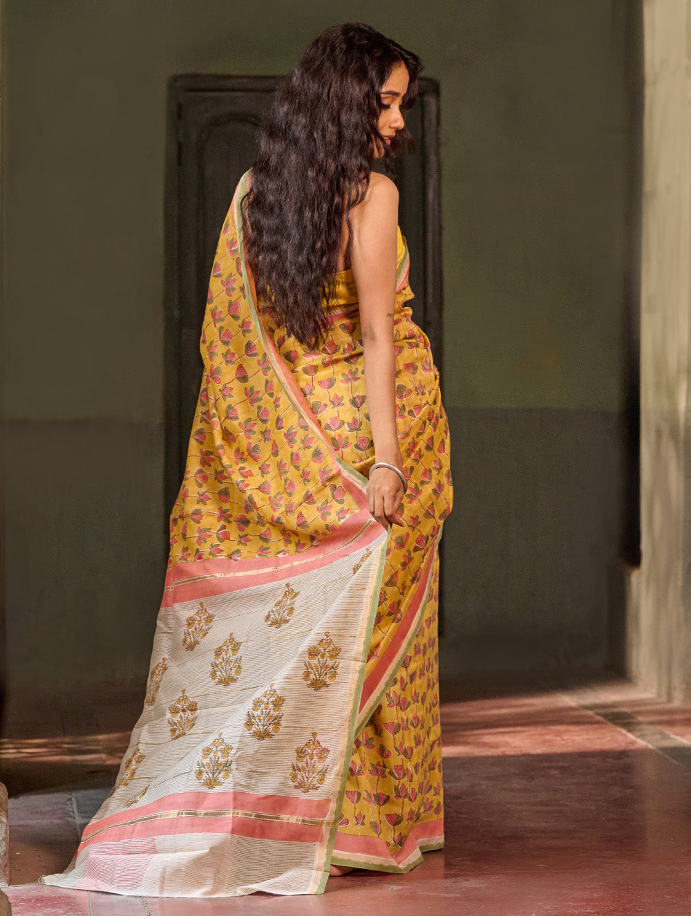 Sanganer Summers. Hand Block Printed Chanderi Saree - Marigold Lotus