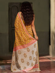 Sanganer Summers. Hand Block Printed Chanderi Saree - Marigold Lotus