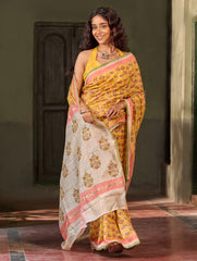 Sanganer Summers. Hand Block Printed Chanderi Saree - Marigold Lotus