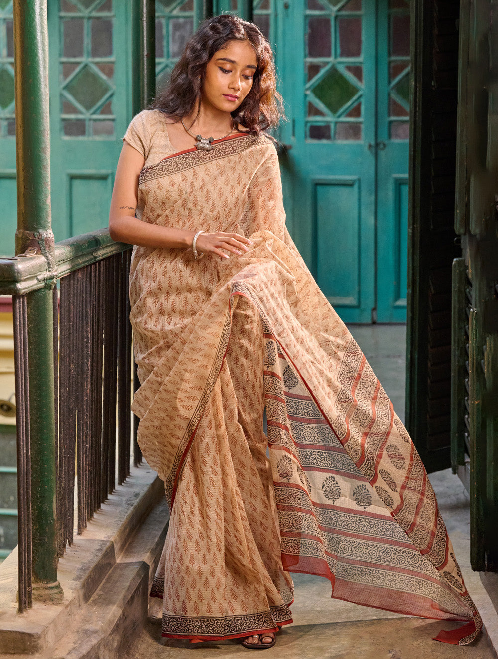 Bagru Statements: Hand Block Printed Kota Doria Saree - Sandalwood Grove