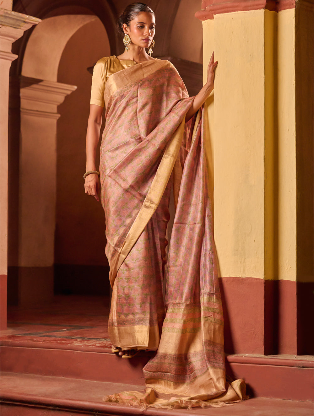 Exclusive Elegance. Hand Block Printed Tussore Silk Saree - French Rose