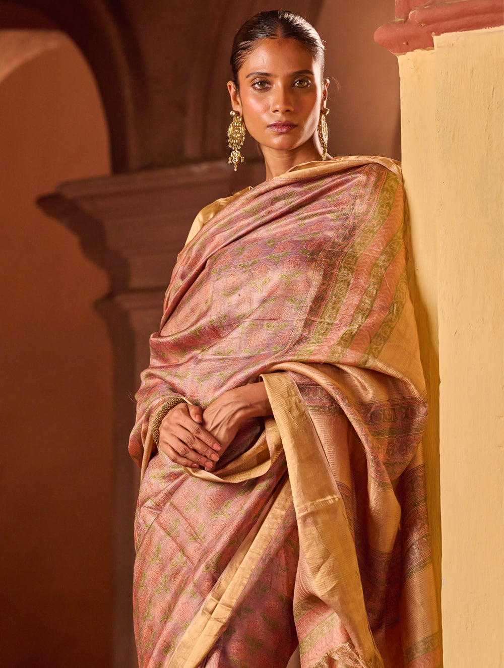Exclusive Elegance. Hand Block Printed Tussore Silk Saree - French Rose