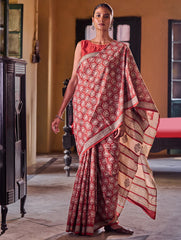 Bagru Statements: Hand Block Printed Mul Cotton Saree - Crimson Blossom