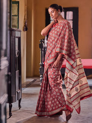 Bagru Statements: Hand Block Printed Mul Cotton Saree - Crimson Blossom