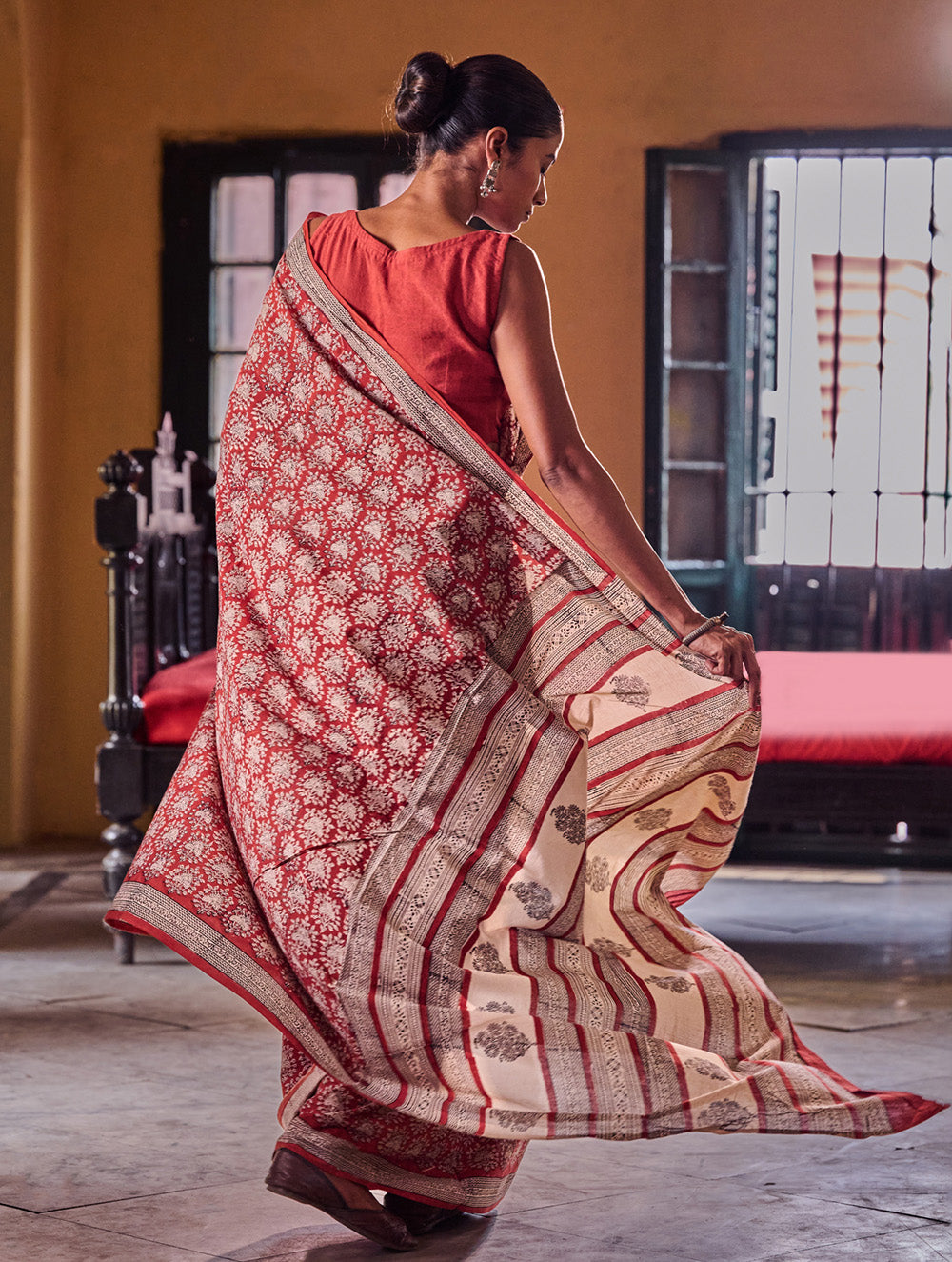 Bagru Statements: Hand Block Printed Mul Cotton Saree - Crimson Blossom