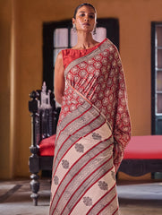 Bagru Statements: Hand Block Printed Mul Cotton Saree - Crimson Blossom