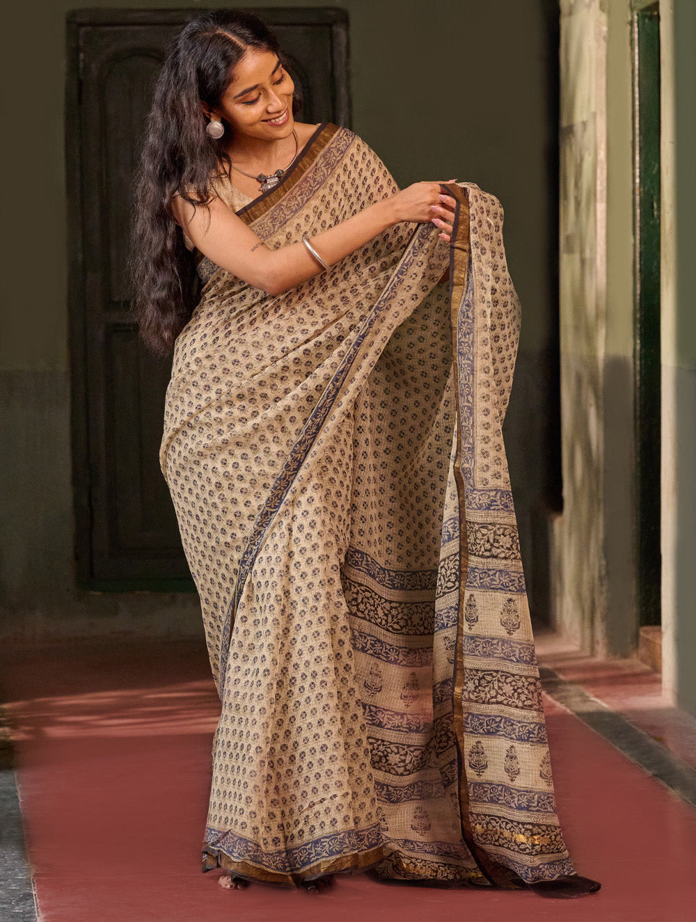 Bagru Statements: Hand Block Printed Kota Doria Saree - Ivory Fern