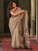 Bagru Statements: Hand Block Printed Kota Doria Saree - Ivory Fern