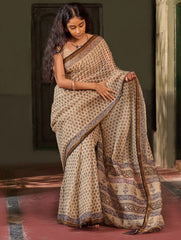 Bagru Statements: Hand Block Printed Kota Doria Saree - Ivory Fern