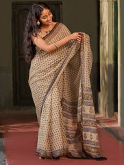 Bagru Statements: Hand Block Printed Kota Doria Saree - Ivory Fern