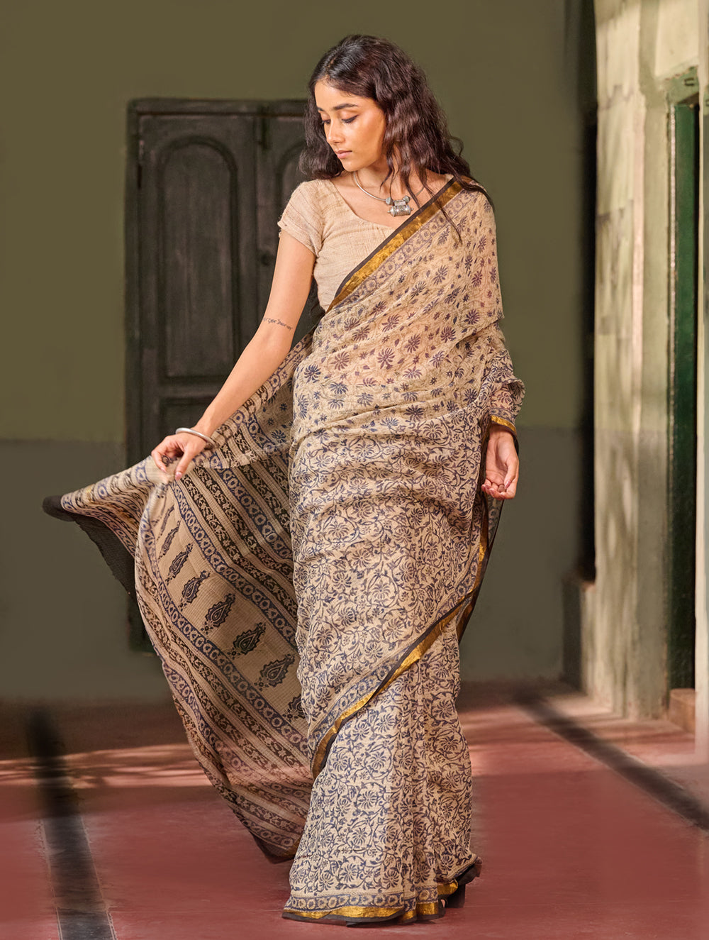 Bagru Statements: Hand Block Printed Kota Doria Saree - Moonstone
