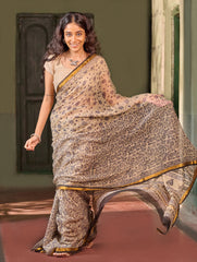 Bagru Statements: Hand Block Printed Kota Doria Saree - Moonstone