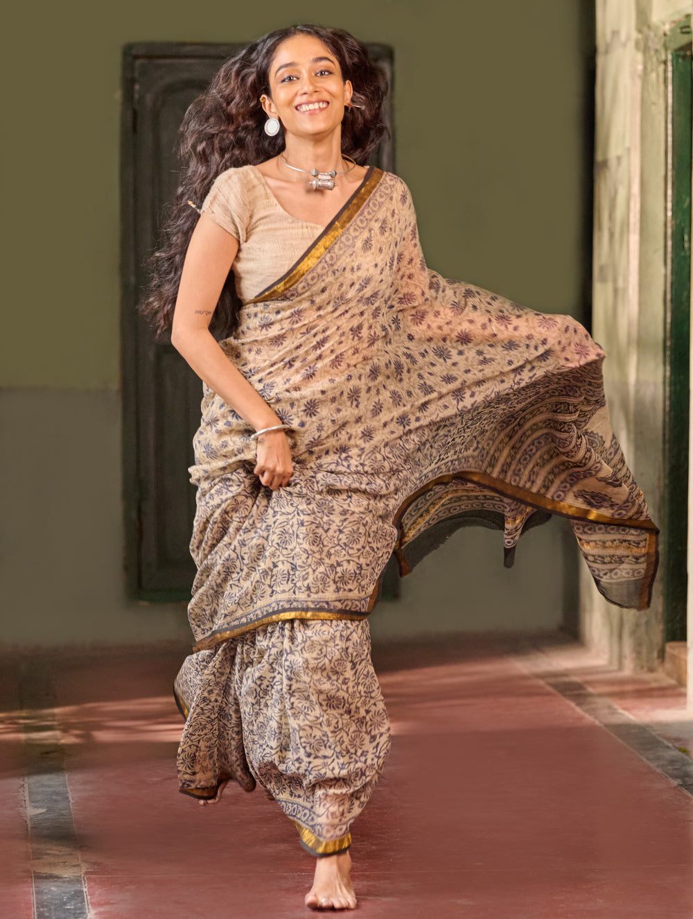 Bagru Statements: Hand Block Printed Kota Doria Saree - Moonstone