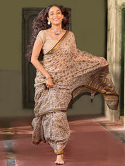 Bagru Statements: Hand Block Printed Kota Doria Saree - Moonstone