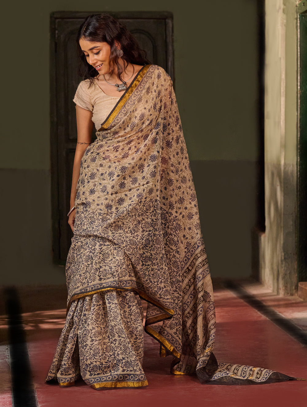 Bagru Statements: Hand Block Printed Kota Doria Saree - Moonstone