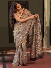 Bagru Statements: Hand Block Printed Kota Doria Saree - Moonstone