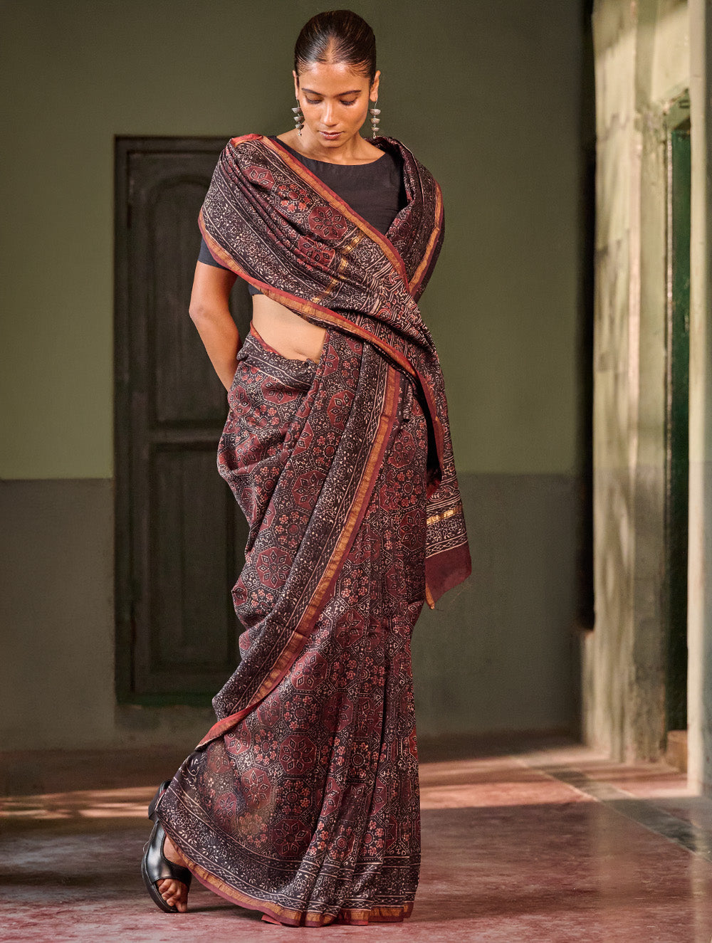 Ajrakh Elegance.Exclusive Hand Block Printed Chanderi Saree - Raat Rani