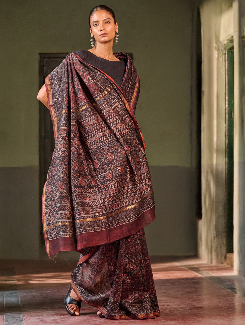 Ajrakh Elegance.Exclusive Hand Block Printed Chanderi Saree - Raat Rani