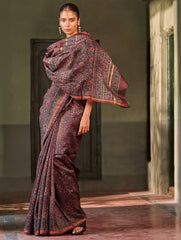 Ajrakh Elegance.Exclusive Hand Block Printed Chanderi Saree - Raat Rani