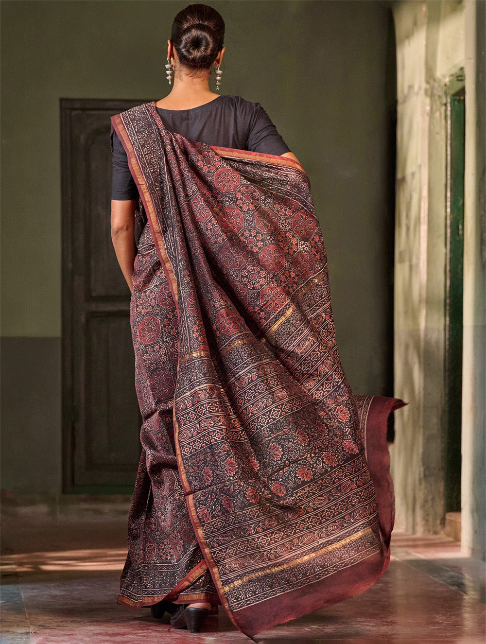 Ajrakh Elegance.Exclusive Hand Block Printed Chanderi Saree - Raat Rani