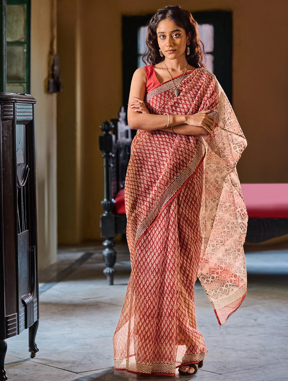 Bagru Statements: Hand Block Printed Kota Doria Saree -Ornate Drops