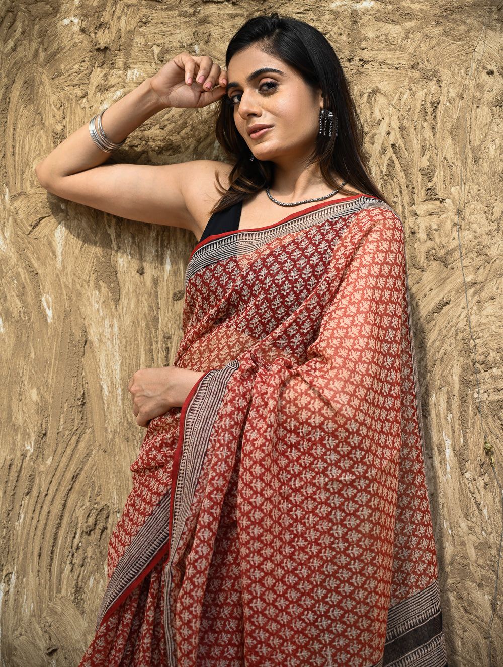 Bagru Statements : Hand Block Printed Kota Doria Saree - Rakta Valli