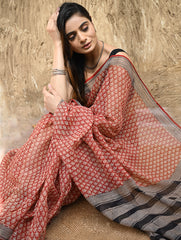 Bagru Statements : Hand Block Printed Kota Doria Saree - Rakta Valli