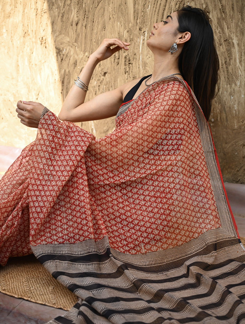 Bagru Statements : Hand Block Printed Kota Doria Saree - Rakta Valli