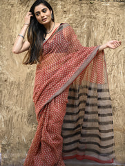 Bagru Statements : Hand Block Printed Kota Doria Saree - Rakta Valli