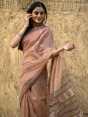 Bagru Statements : Hand Block Printed Kota Doria Saree - Aruni Rekha