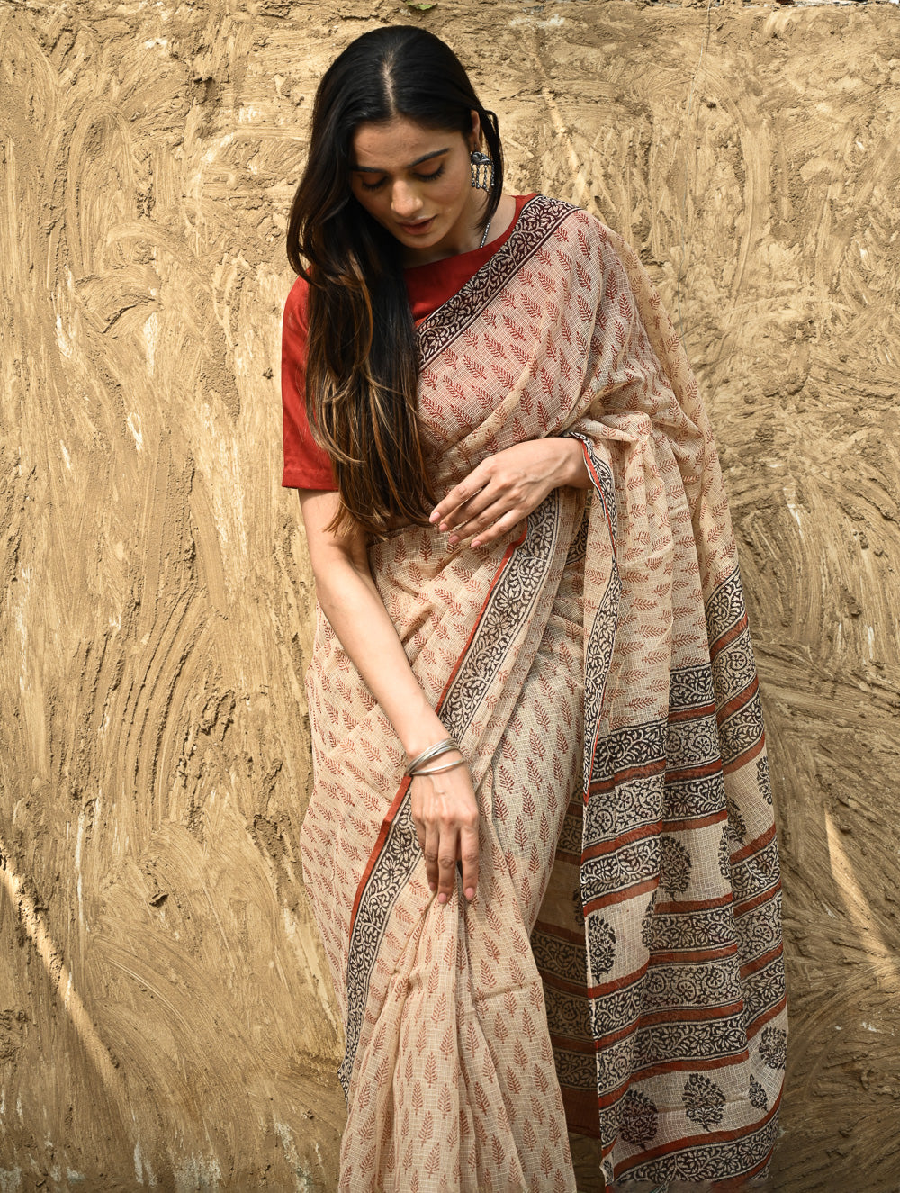 Bagru Statements : Hand Block Printed Kota Doria Saree - Mridu Pallav