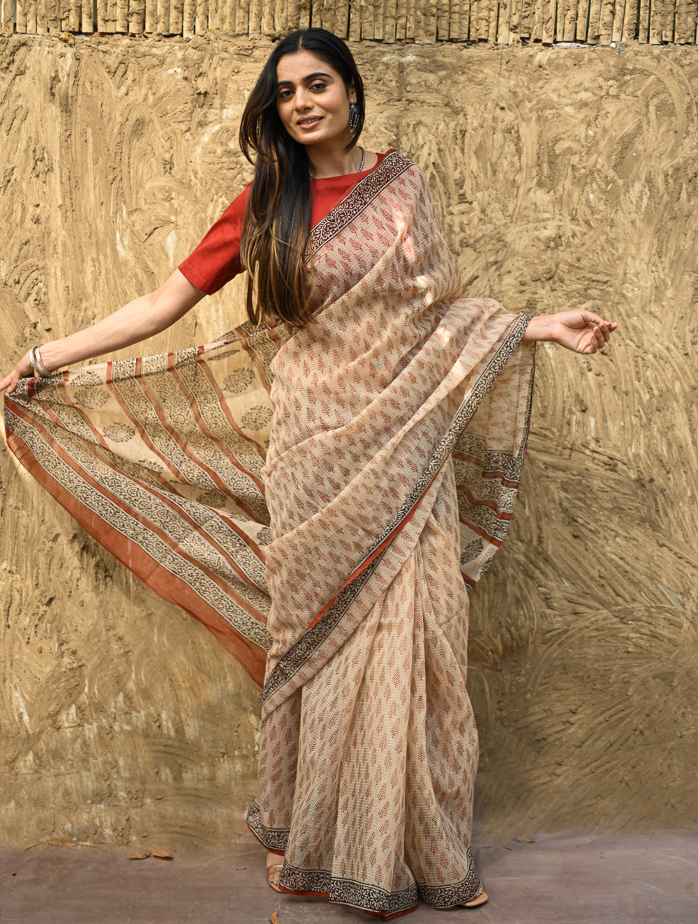 Bagru Statements : Hand Block Printed Kota Doria Saree - Mridu Pallav