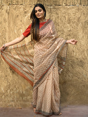 Bagru Statements : Hand Block Printed Kota Doria Saree - Mridu Pallav