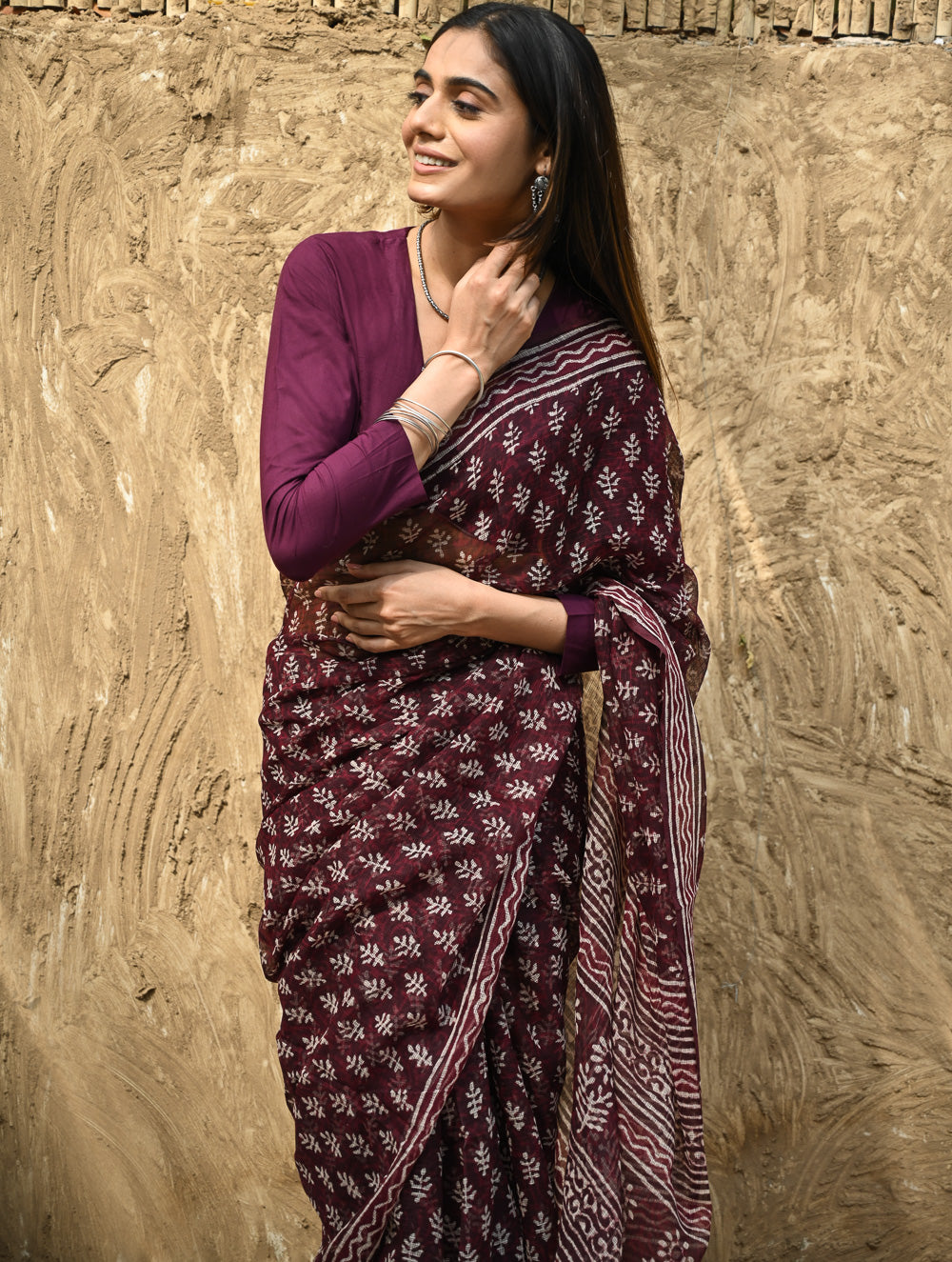 Dabu Vibes : Hand Block Printed Kota Doria Saree - Rakta Pushpa