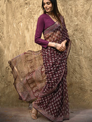 Dabu Vibes : Hand Block Printed Kota Doria Saree - Rakta Pushpa