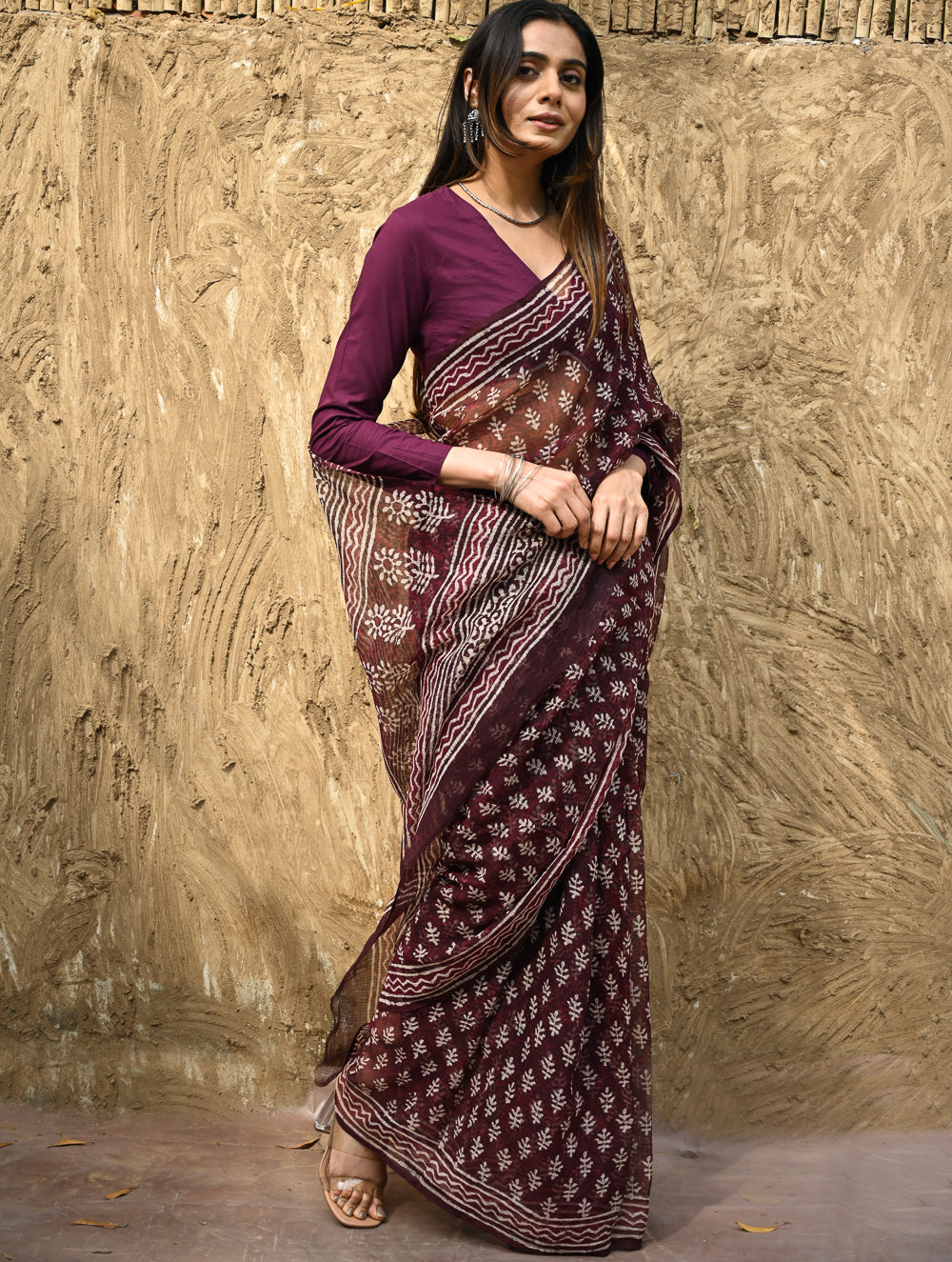 Dabu Vibes : Hand Block Printed Kota Doria Saree - Rakta Pushpa