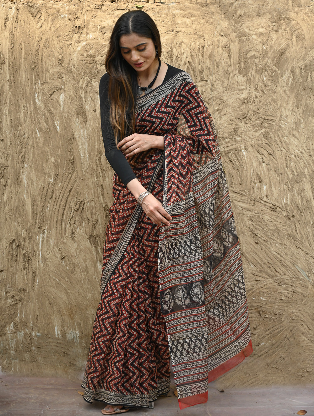 Bagru Statements : Hand Block Printed Kota Doria Saree - Agni Lahra