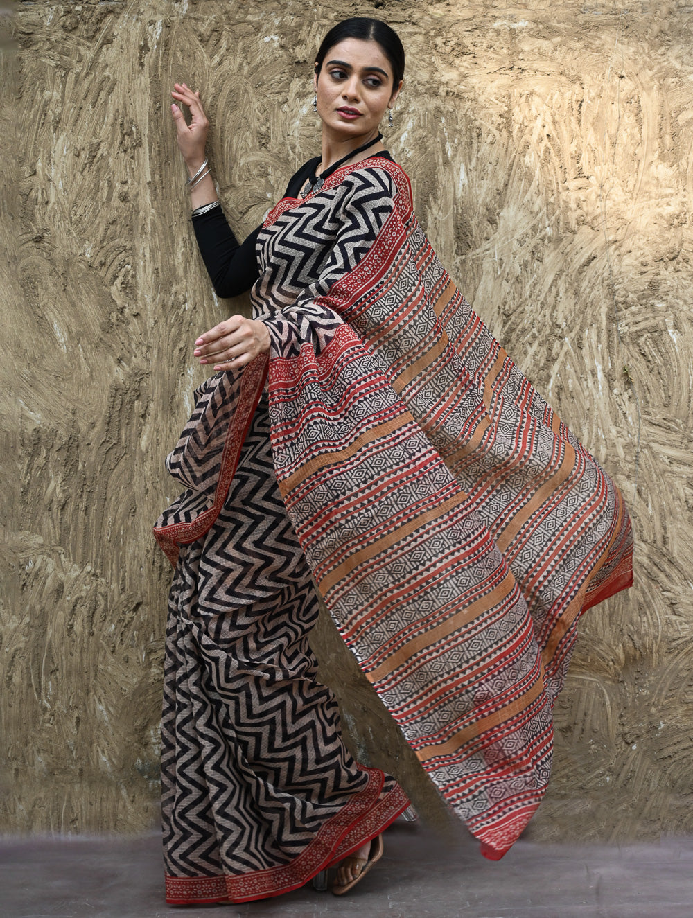 Bagru Statements : Hand Block Printed Kota Doria Saree - Rekh Vritta