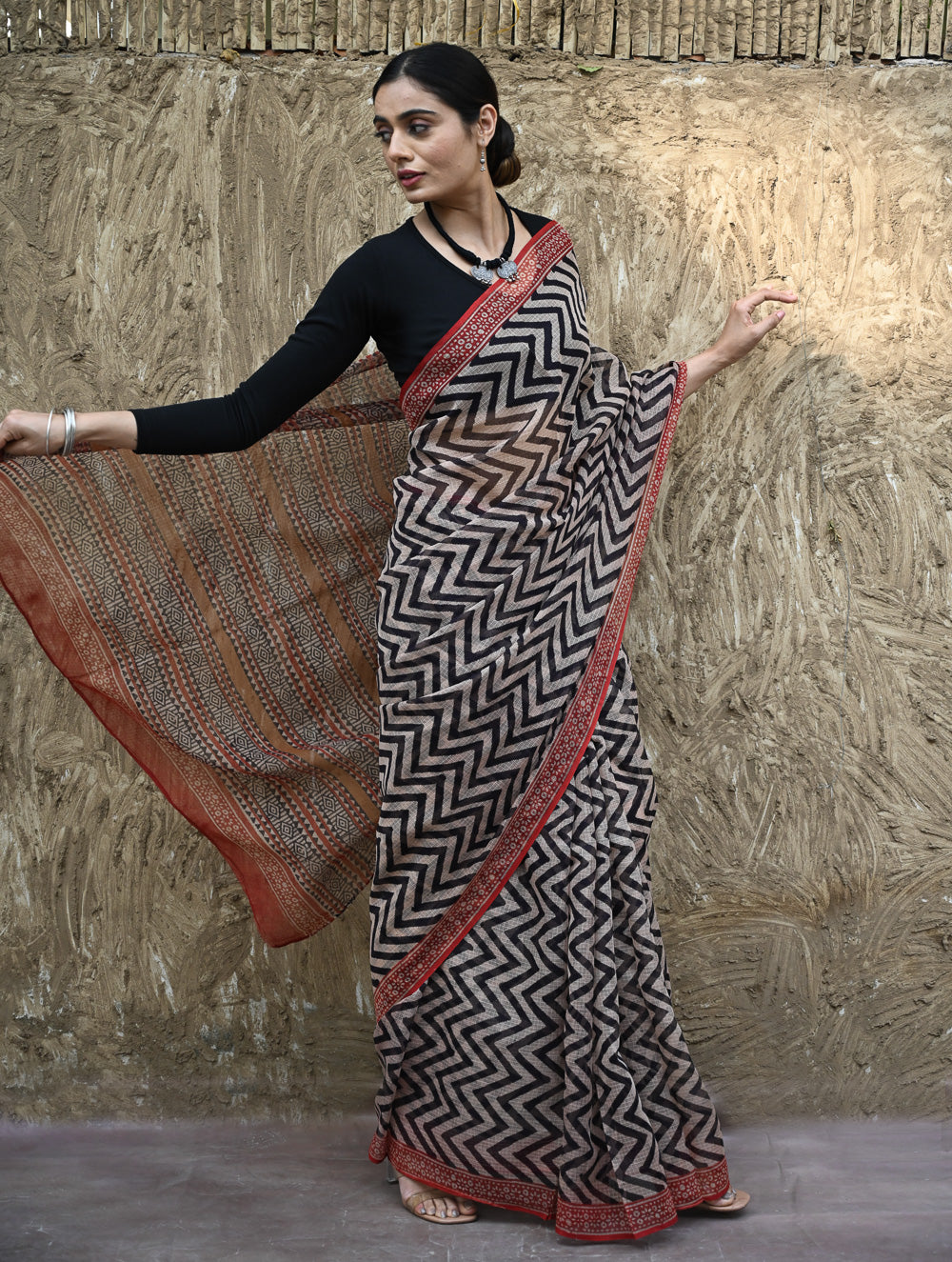 Bagru Statements : Hand Block Printed Kota Doria Saree - Rekh Vritta