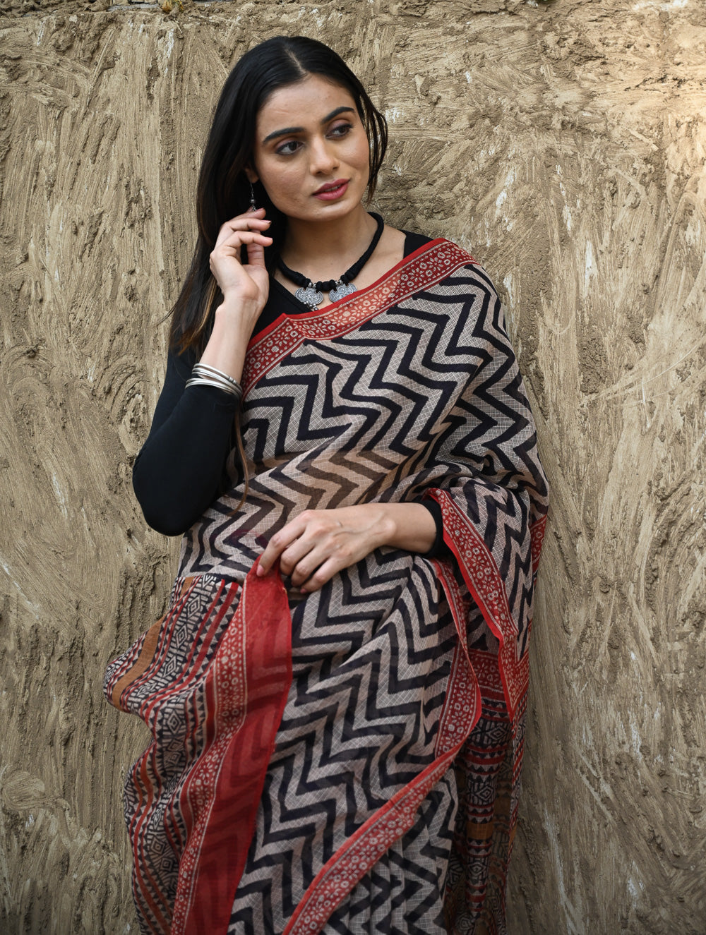 Bagru Statements : Hand Block Printed Kota Doria Saree - Rekh Vritta
