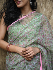 Sanganer Summers : Hand Block Printed Kota Doria Saree - Harit Vana