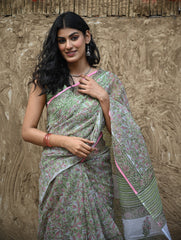 Sanganer Summers : Hand Block Printed Kota Doria Saree - Harit Vana