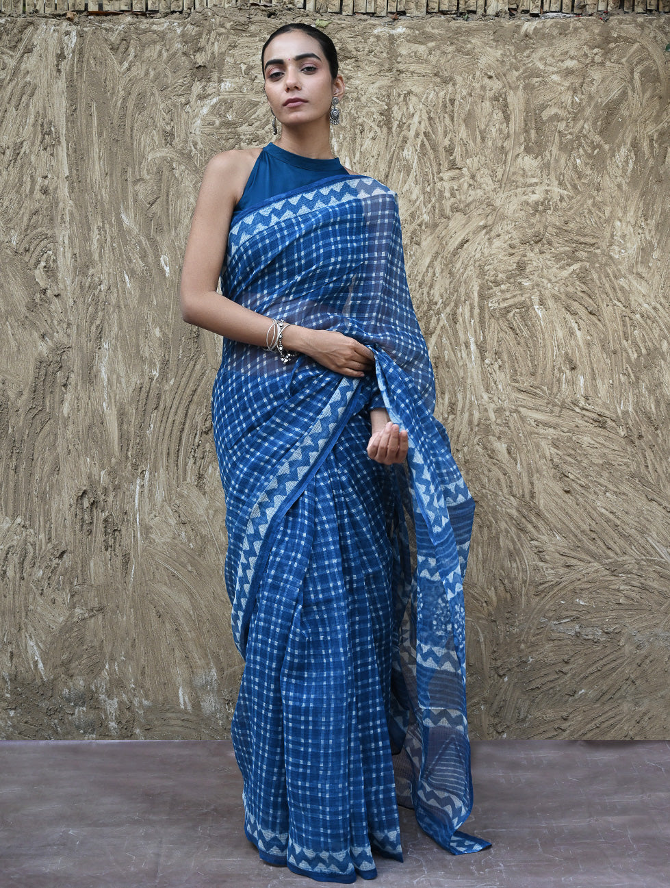 Dabu Vibes : Hand Block Printed Kota Doria Saree - Neelrekh