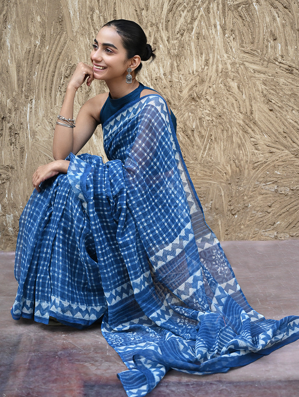 Dabu Vibes : Hand Block Printed Kota Doria Saree - Neelrekh